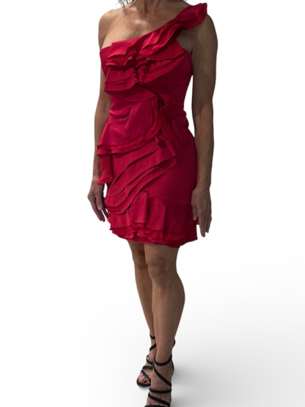 BCBGMaxAzria "Jonesy" One Shoulder Ruffled Mini Dress - Ruby Red Size 0